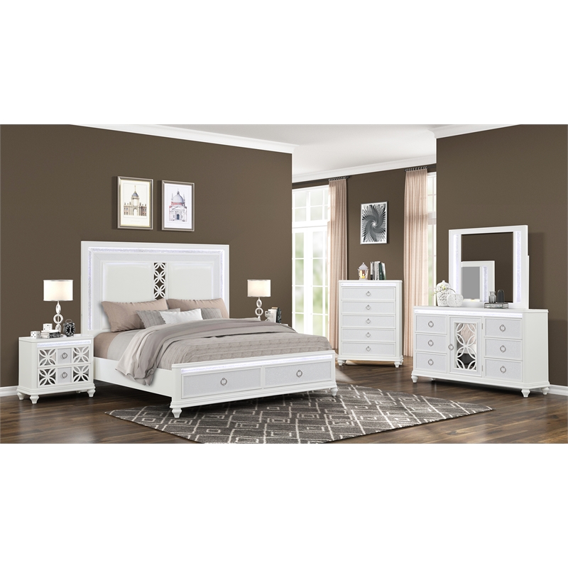 Abigale Queen 5Pc Bedroom Set LED Storage Bed & Polyurethane Headboard in White