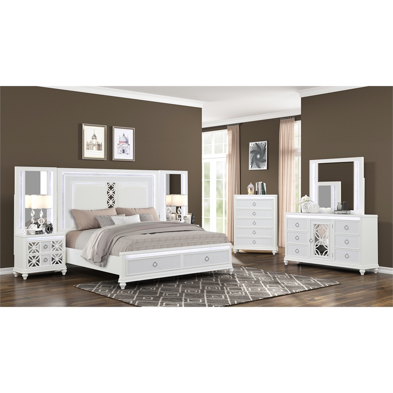 Abigale 5 Piece wood Bedroom Set LED Storage Bed and Nightstand in White