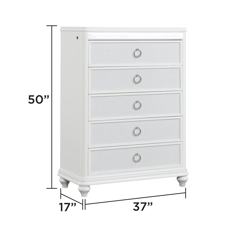 Abigale King 5 Piece Wood Bedroom Set with LED Storage Bed in White