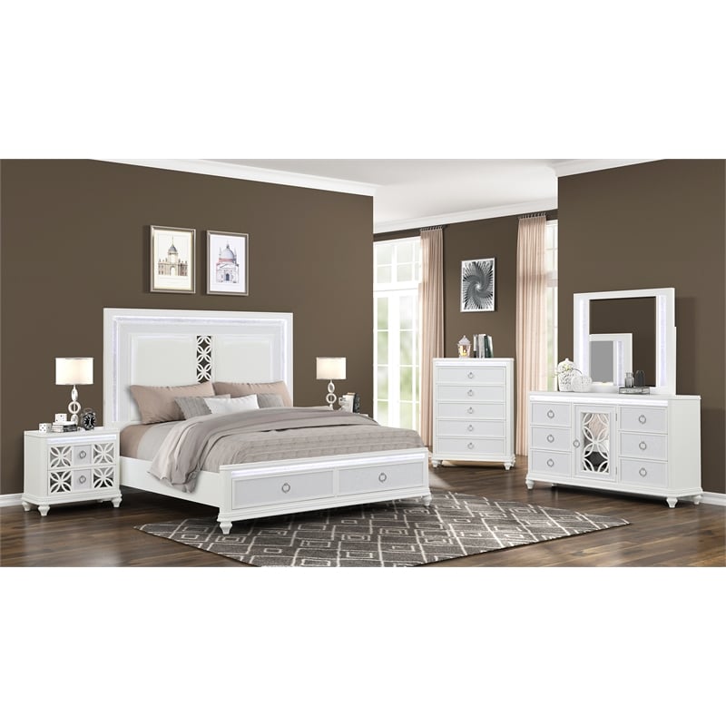 Abigale King 5 Piece Wood Bedroom Set with LED Storage Bed in White