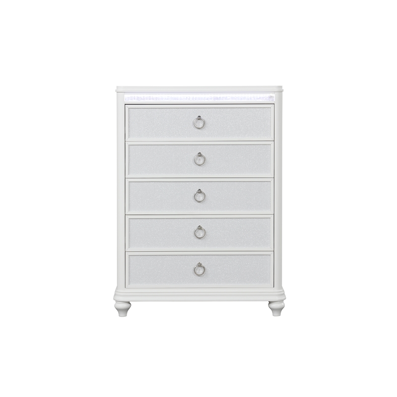 Abigale 5 Drawer Chest LED Storage with Patterned Drawer Fronts in White