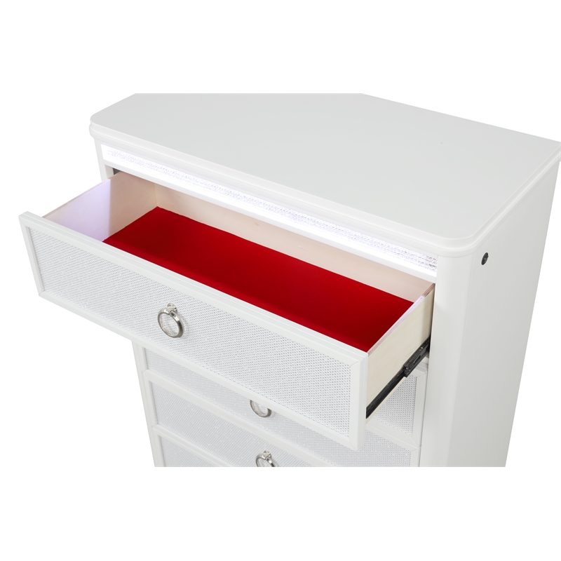 Abigale 5 Drawer Chest LED Storage with Patterned Drawer Fronts in White