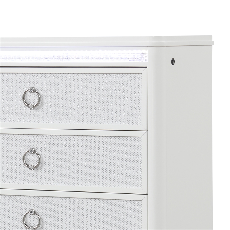 Abigale 5 Drawer Chest LED Storage with Patterned Drawer Fronts in White