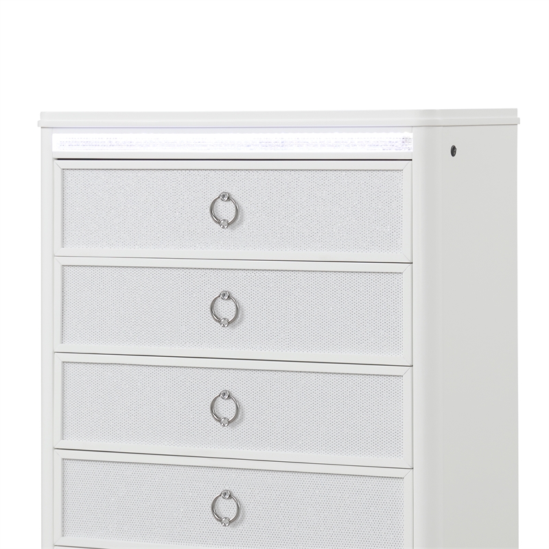 Abigale 5 Drawer Chest LED Storage with Patterned Drawer Fronts in White