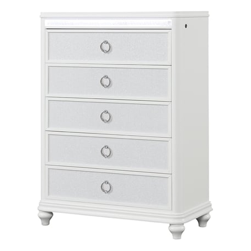Abigale 5 Drawer Chest LED Storage with Patterned Drawer Fronts in White