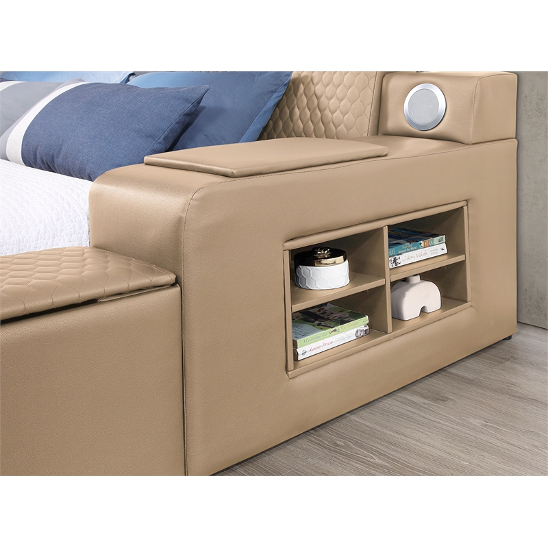 ZOYA Queen Size Bed with Massager Made with Wood and Faux Leather in Caramel