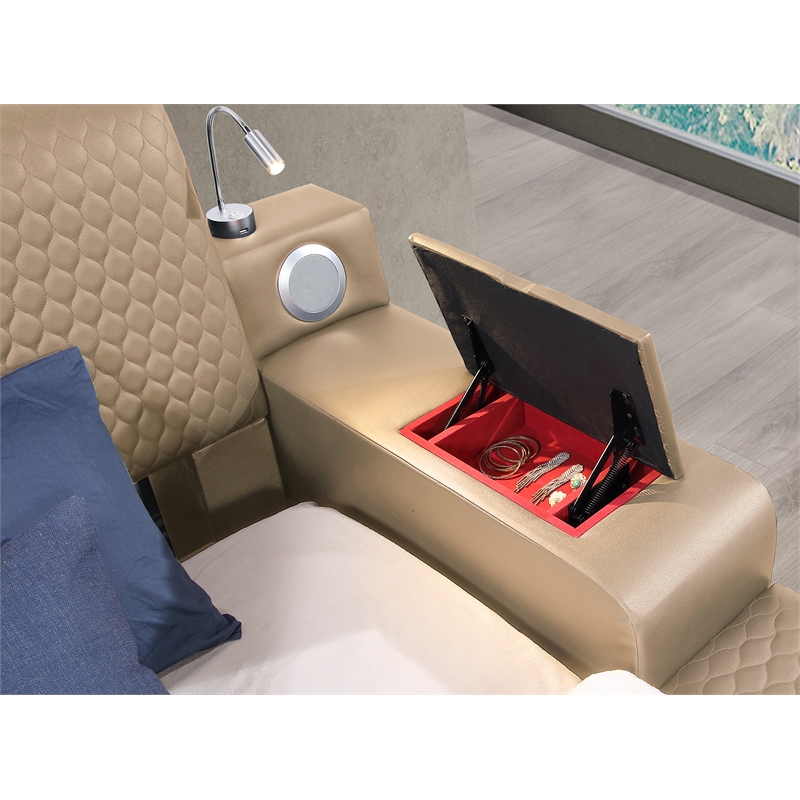 ZOYA Queen Size Bed with Massager Made with Wood and Faux Leather in Caramel