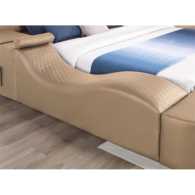 ZOYA Queen Size Bed with Massager Made with Wood and Faux Leather in Caramel
