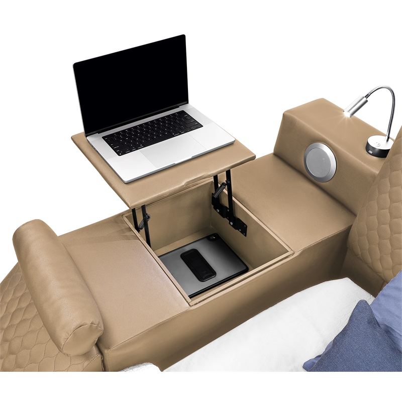 ZOYA Queen Size Bed with Massager Made with Wood and Faux Leather in Caramel