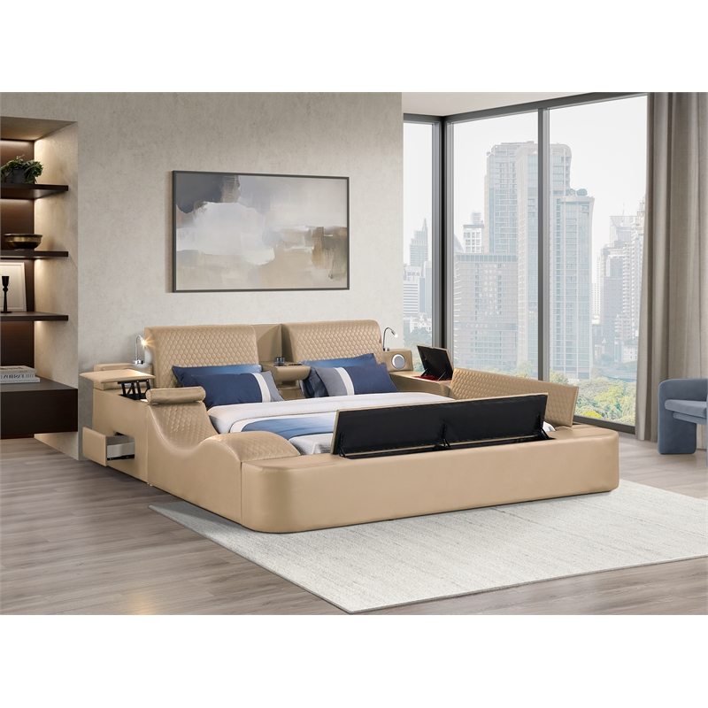 ZOYA King Size Bed with Massager Made with Wood and Faux Leather in Caramel