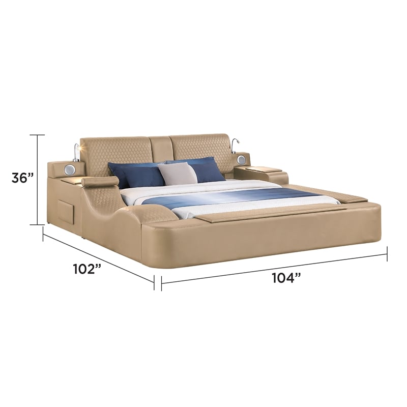 ZOYA King Size Bed with Massager Made with Wood and Faux Leather in Caramel