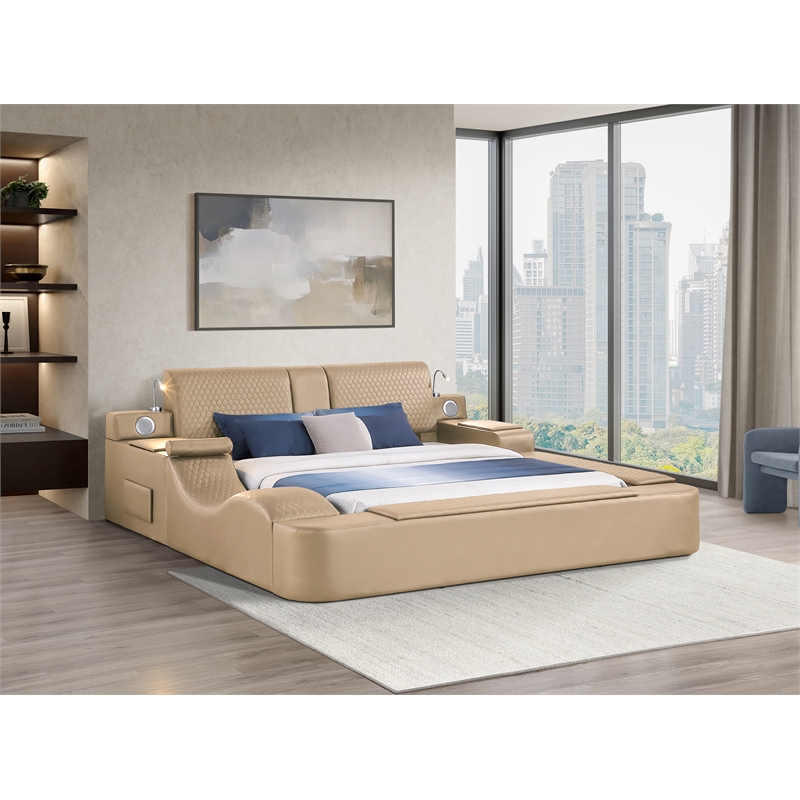 ZOYA King Size Bed with Massager Made with Wood and Faux Leather in Caramel