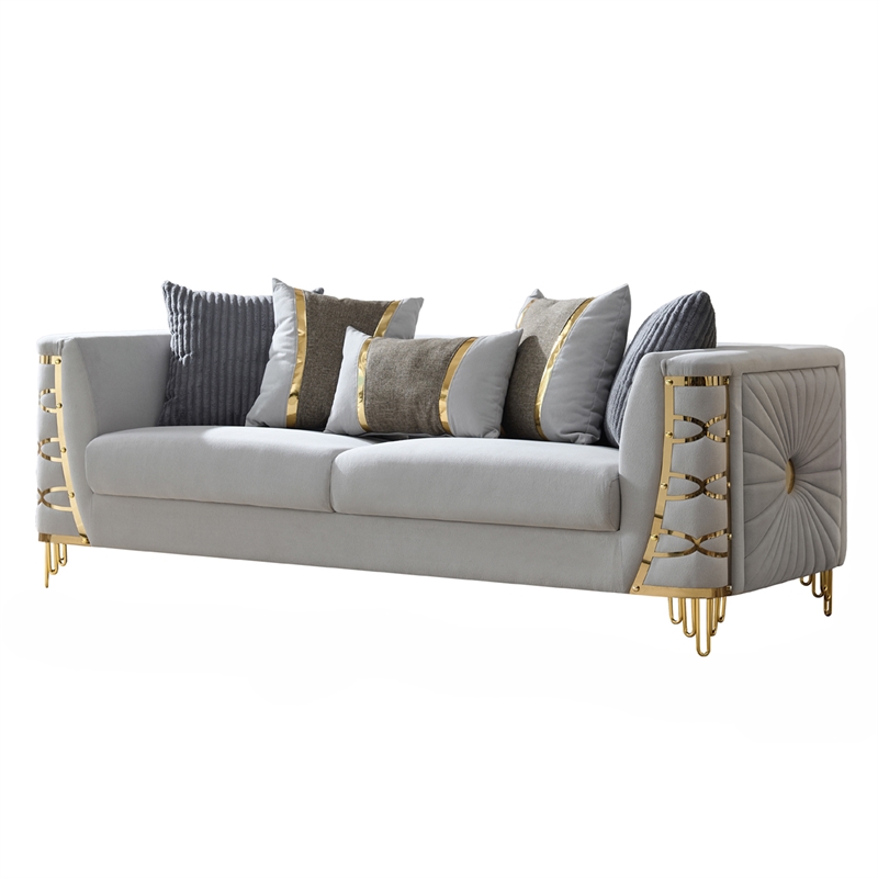 Contessa Modern Luxe Upholstered Sofa with Gold Frame Accents in Gray