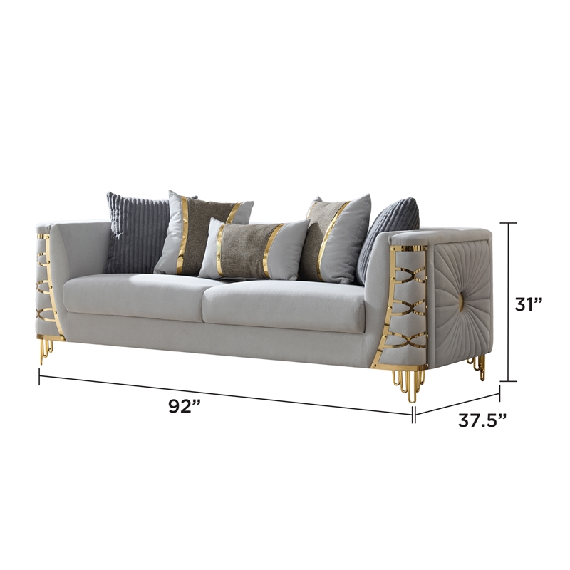 Contessa Modern Luxe Upholstered Sofa with Gold Frame Accents in Gray