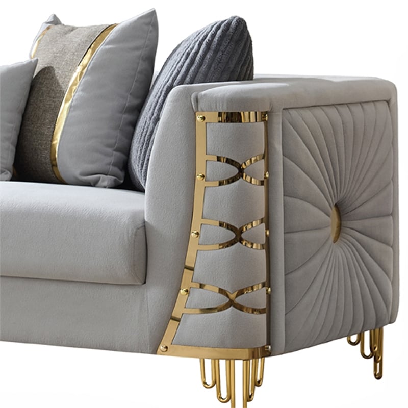 Contessa Modern Luxe Upholstered Sofa with Gold Frame Accents in Gray