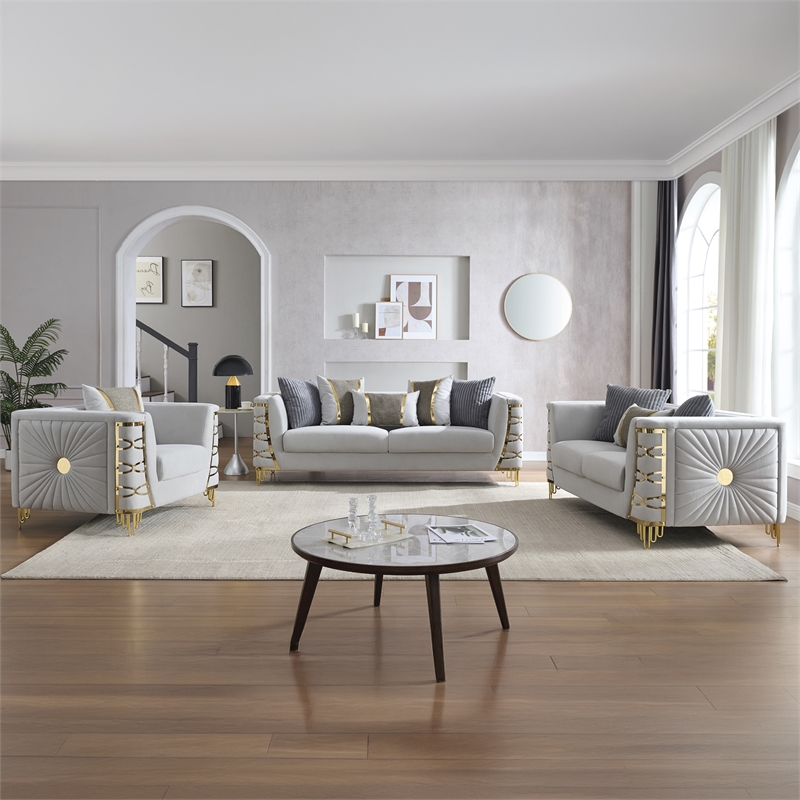 Contessa Modern Luxe Upholstered Sofa with Gold Frame Accents in Gray