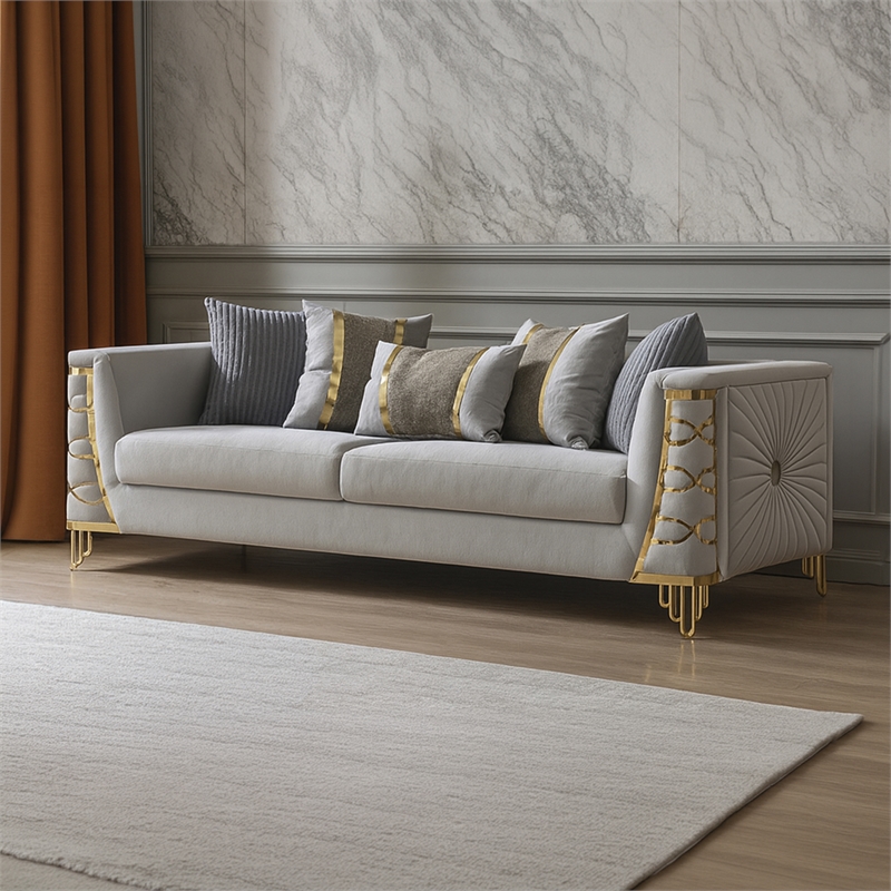 Contessa Modern Luxe Upholstered Sofa with Gold Frame Accents in Gray