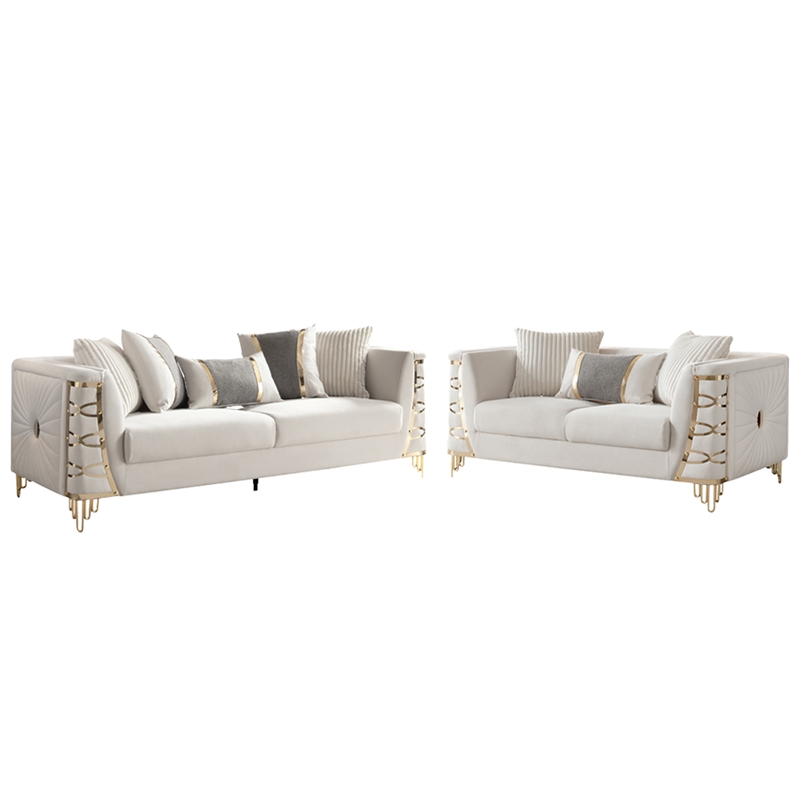 CONTESSA Modern Luxe Upholstered Sofa in Beige Gold Frame Accents