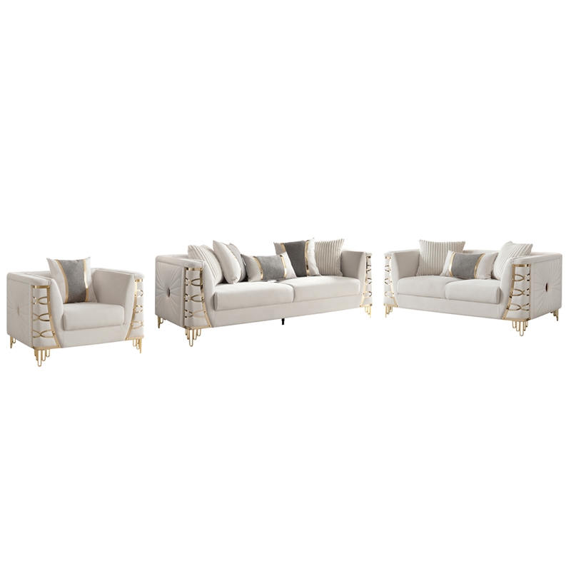 CONTESSA Modern Luxe Upholstered Sofa in Beige Gold Frame Accents