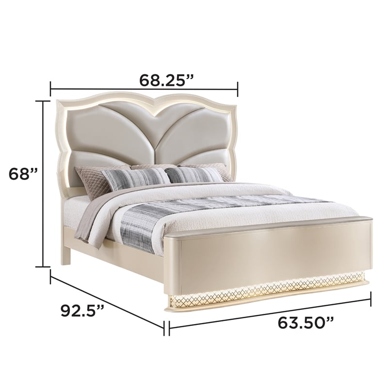 Flora Modern Wood Queen Platform Bed with Upholstered Headboard in Champagne