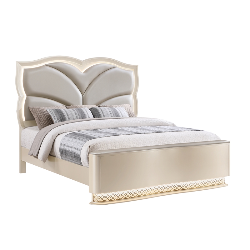 Flora Wood King 4 Piece Bedroom Set Upholstered Headboard Champagne