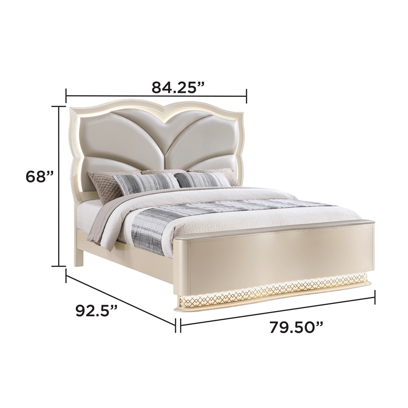 Flora Wood King 4 Piece Bedroom Set Upholstered Headboard Champagne