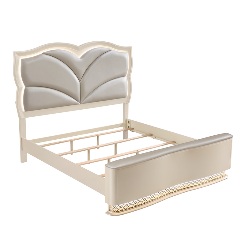 Flora Wood King 4 Piece Bedroom Set Upholstered Headboard Champagne