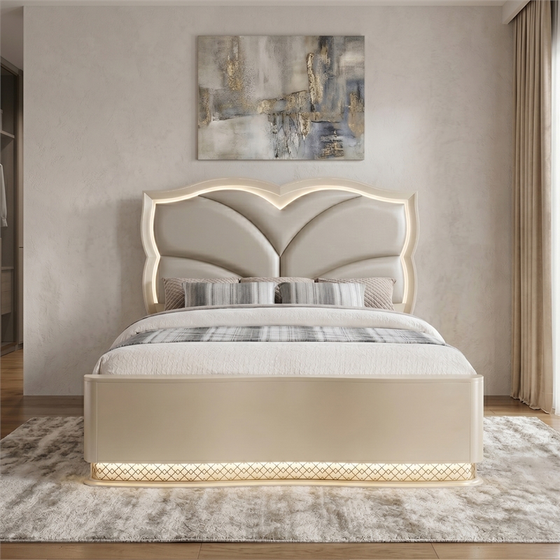 Flora Wood King 4 Piece Bedroom Set Upholstered Headboard Champagne