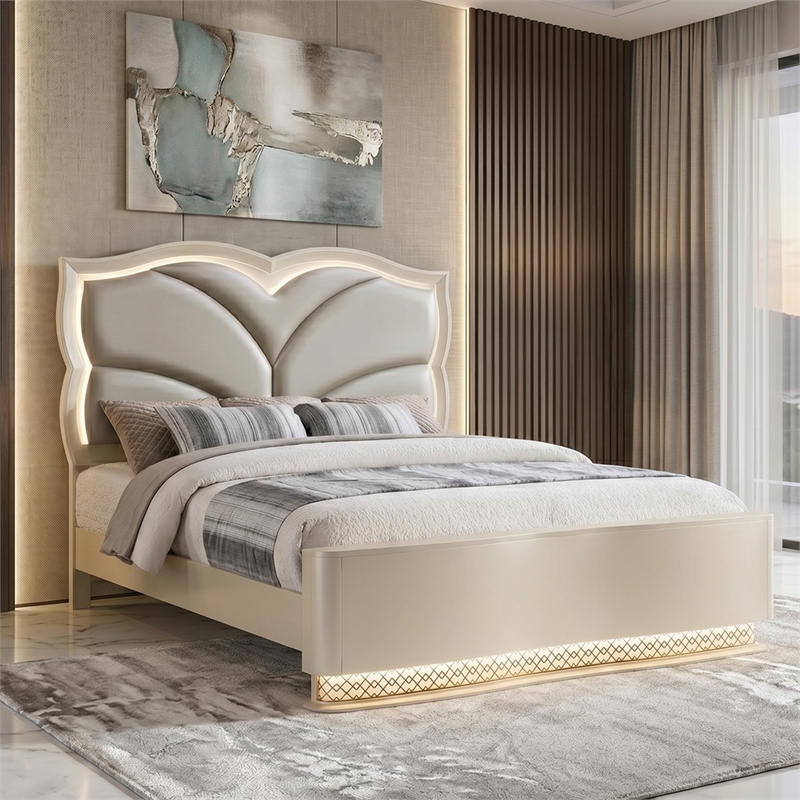 Flora Wood King 4 Piece Bedroom Set Upholstered Headboard Champagne