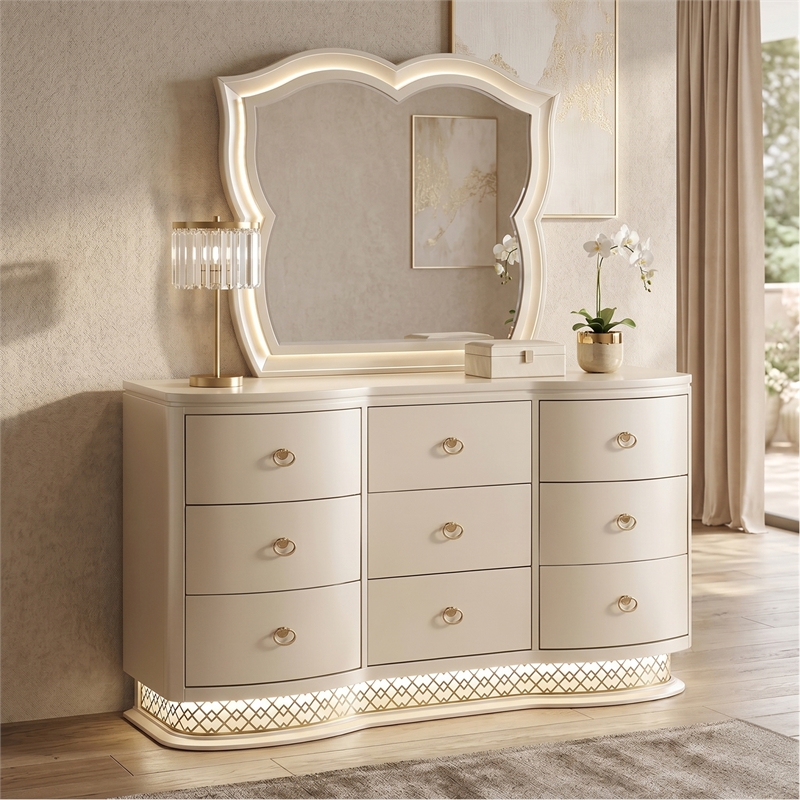 Flora Wood King 4 Piece Bedroom Set Upholstered Headboard Champagne