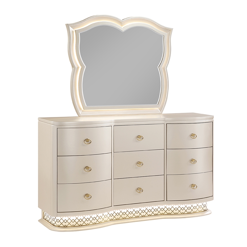Flora Wood King 4 Piece Bedroom Set Upholstered Headboard Champagne