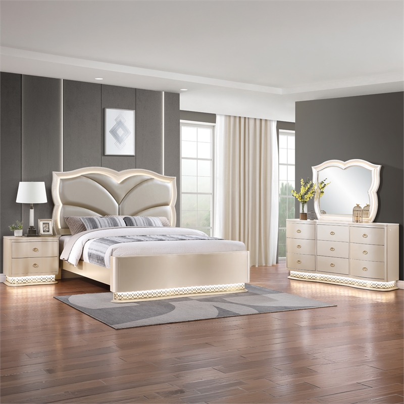 Flora Wood King 4 Piece Bedroom Set Upholstered Headboard Champagne