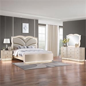 Flora Modern Wood Queen 4 Piece Bedroom Set Upholstered Headboard in Champagne