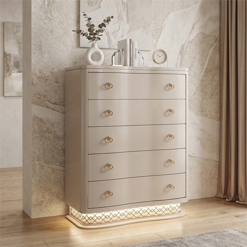 Flora Modern Wood 5 Drawer Chest with Gold Bar Hardware in Champagne