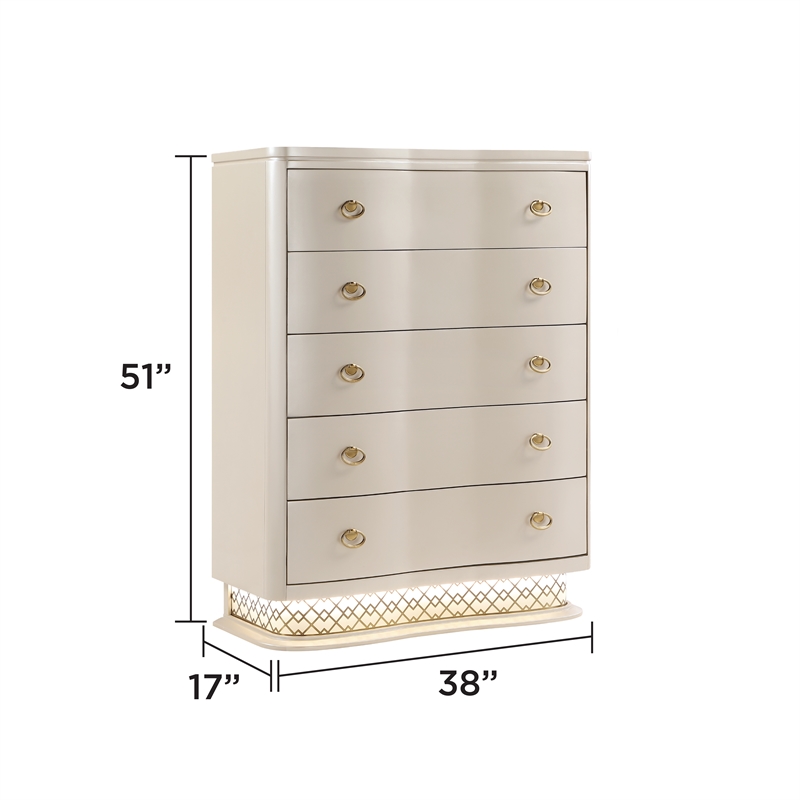 Flora Modern Wood 5 Drawer Chest with Gold Bar Hardware in Champagne