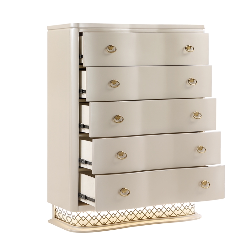 Flora Modern Wood 5 Drawer Chest with Gold Bar Hardware in Champagne