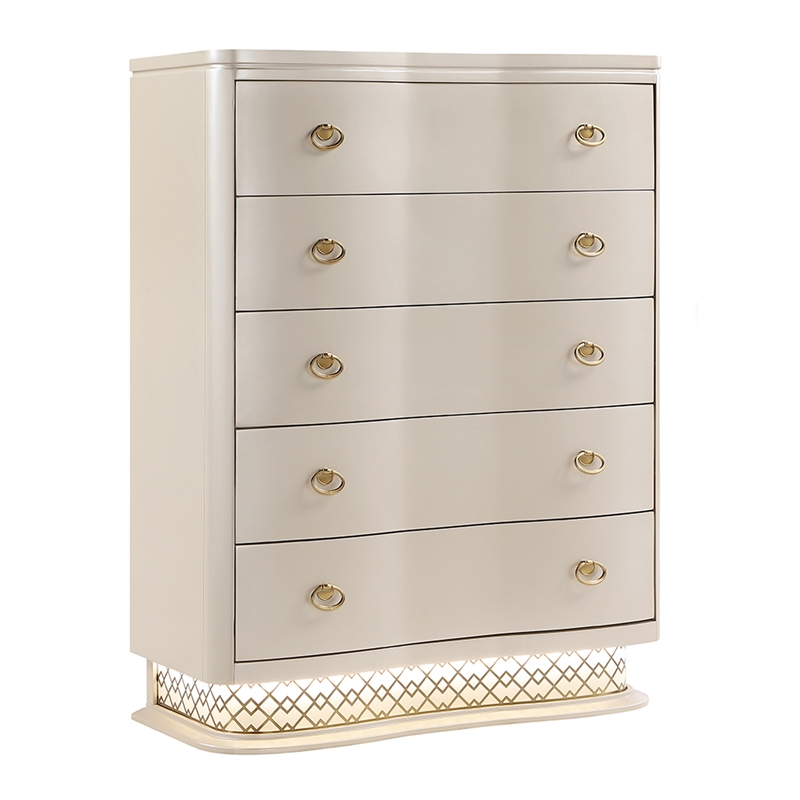 Flora Modern Wood 5 Drawer Chest with Gold Bar Hardware in Champagne