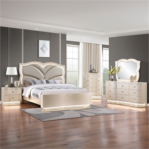 Flora Modern Wood Queen 5Pc Bedroom Set Upholstered Headboard Champagne
