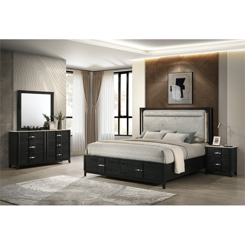 Opel Modern 4 Piece King Bedroom Set with Bed Dresser Mirror and Nightstand
