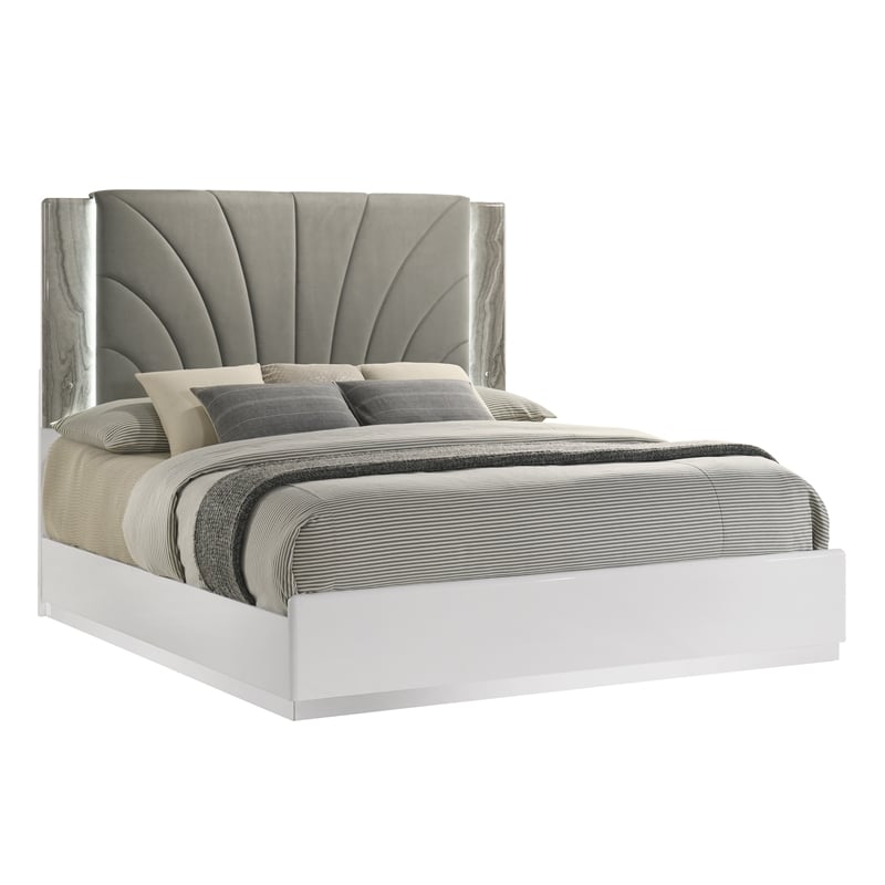 Jazz Modern King Platform Bed with Upholstered Headboard in White Lacquer