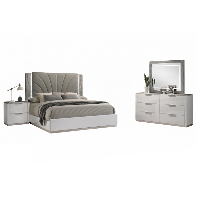 Jazz Modern 4-Pc King Bedroom Set in White Lacquer