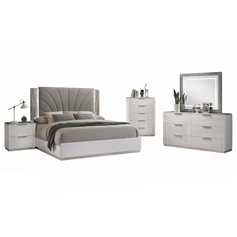 Jazz Modern 5-Pc Queen Bedroom Set in White Lacquer