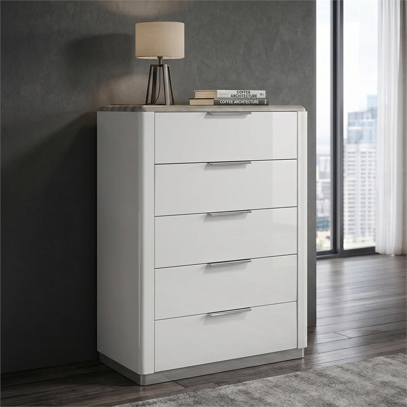 Jazz Contemporary 5 Drawer Chest with White Lacquer Finish