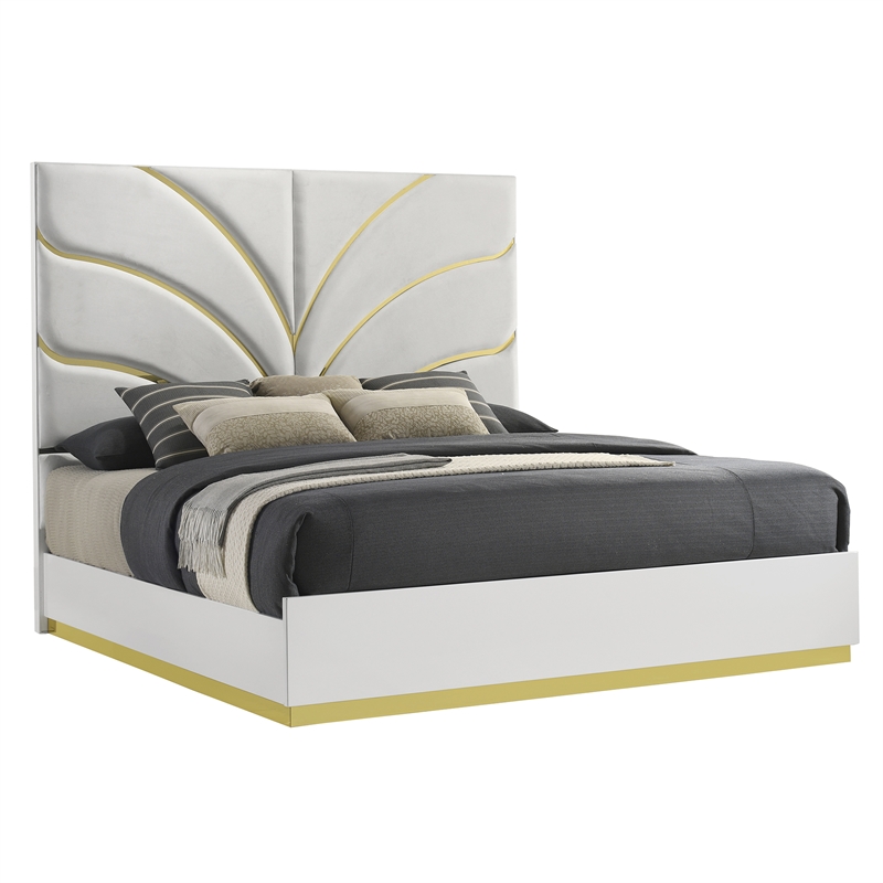 Giovanni Queen Bed in White and Gold Finish
