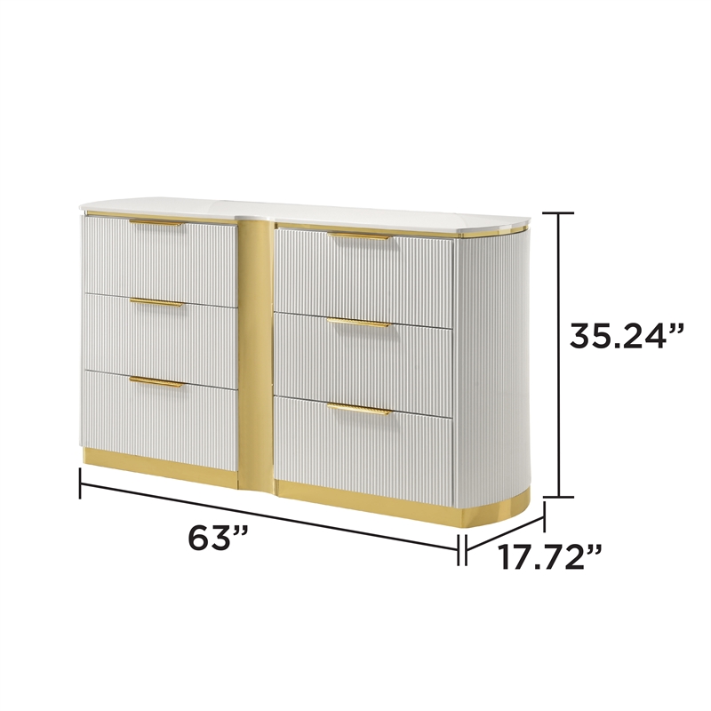 Giovanni Modern 6 Drawer Dresser with Fluted Fronts and Gold Accents in White