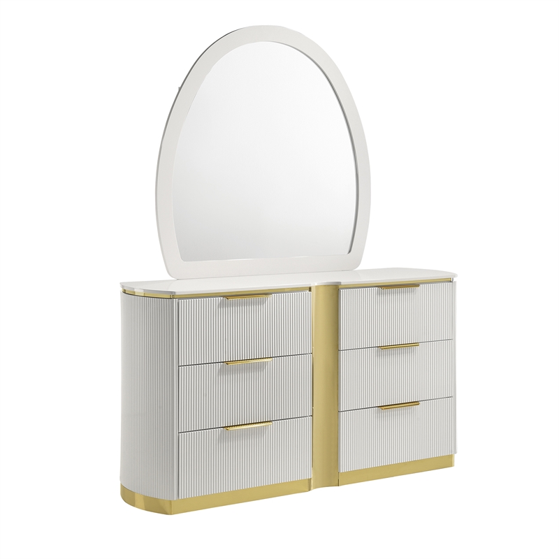 Giovanni Modern 6 Drawer Dresser with Fluted Fronts and Gold Accents in White