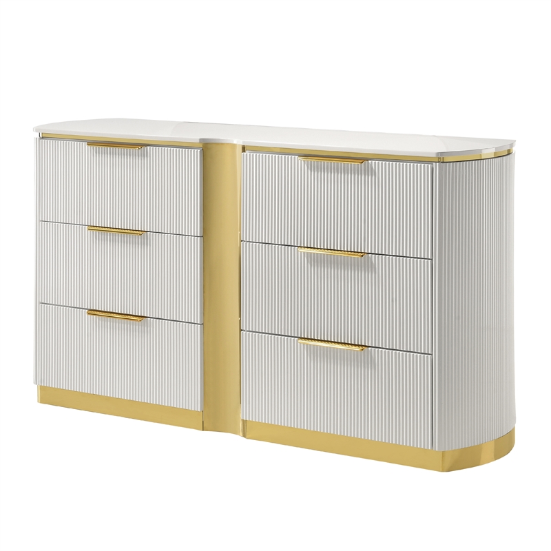 Giovanni Modern 6 Drawer Dresser with Fluted Fronts and Gold Accents in White