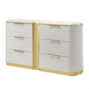 Giovanni Modern 6 Drawer Dresser with Fluted Fronts and Gold Accents in White