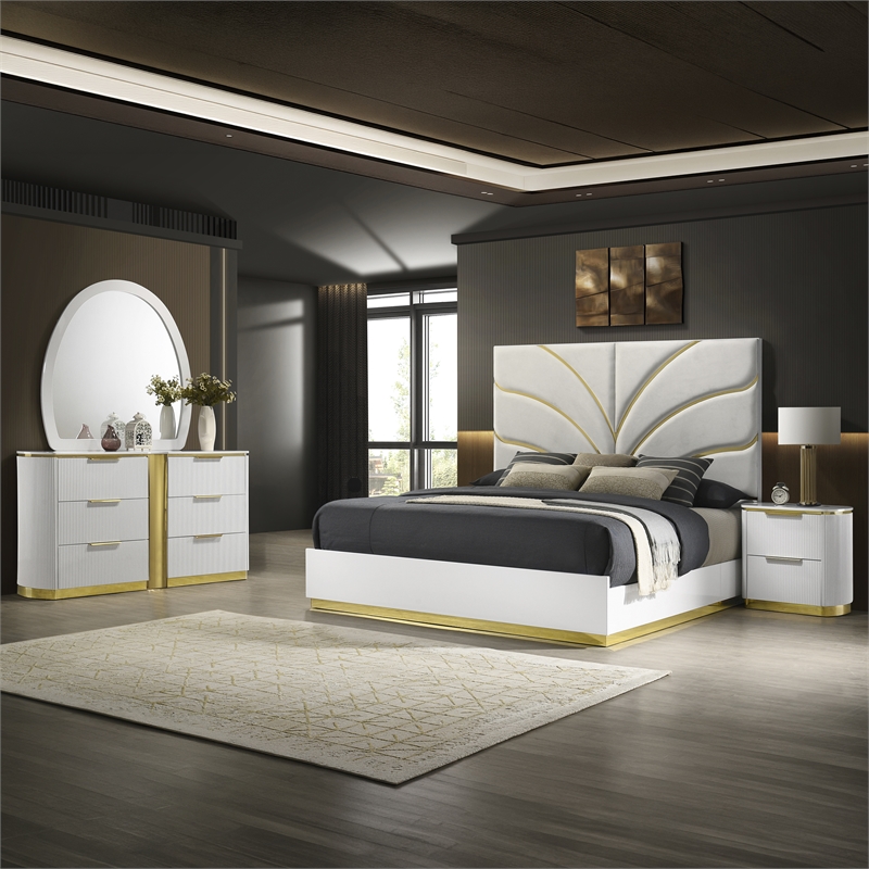 Giovanni King 4Pc Bedroom Set in White and Gold Finish