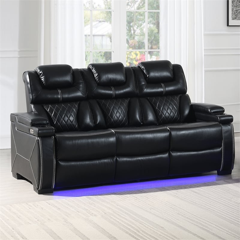 Galaxy Lexus Power Reclining Faux Leather Loveseat w Storage&LED in Black